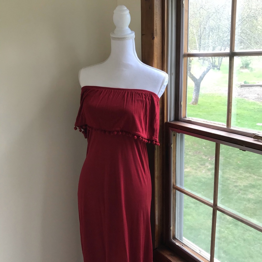 Burnt Orange Strapless Maxi Dress Pom Pom Trim Boho Size 4 - Picture 2 of 6
